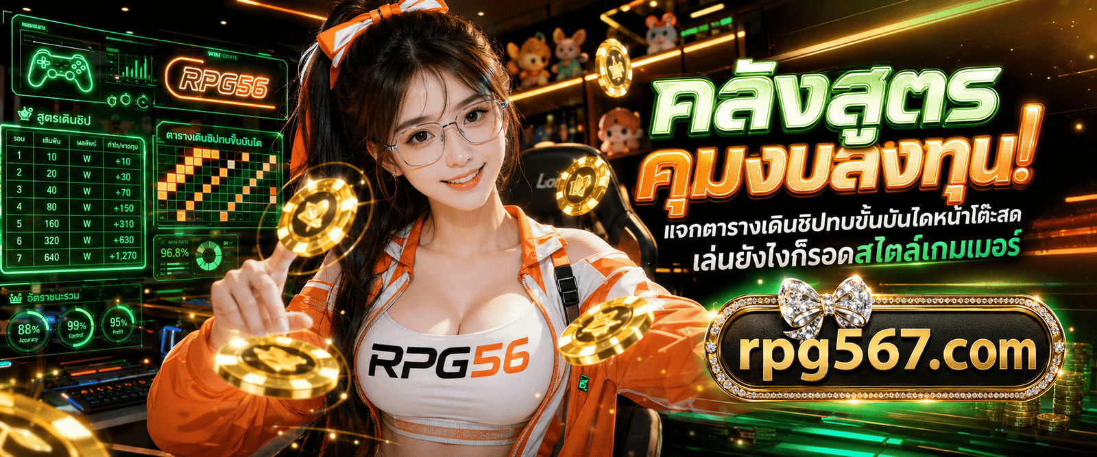 ภาพปกแบนเนอร์เกเมอร์สาวแว่นไอทีสแกนแผงหน้าจอตารางตัวเลขคำนวณเงินสด สูตรเดินเงินบาคาร่าขั้นบันได RPG56 บนฐานข้อมูลระบบบล็อก