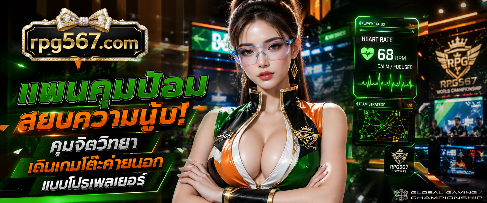 โค้ชสาวสวยสายแทคติกอีสปอร์ตยืนกอดอกนิ่งสงบคุมหน้าจอแผนยุทธศาสตร์แสดงค่า คาสิโนออนไลน์ยุโรป RPG56 เพื่อวิเคราะห์เกมสด